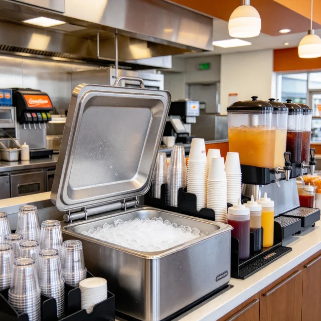 fast casual restaurant drink station with an open ice bin and cups