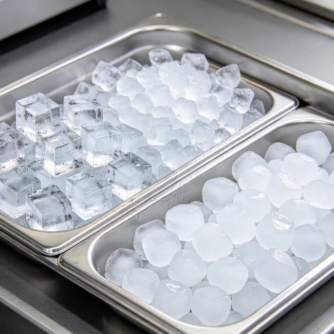 clear cube ice, crushed ice and nugget ice arranged on a stainless steel tray