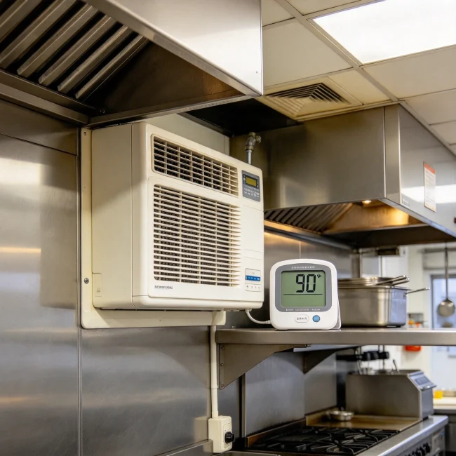 digital thermometer showing 90 degrees Fahrenheit beside a wall-mounted air conditioner in a kitchen
