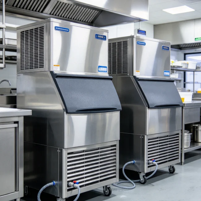 two commercial ice machines side by side with visible air vents and water lines