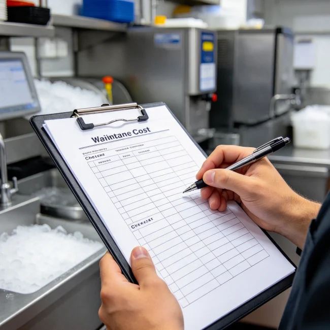 closeup of a hand holding a clipboard with a maintenance cost checklist
