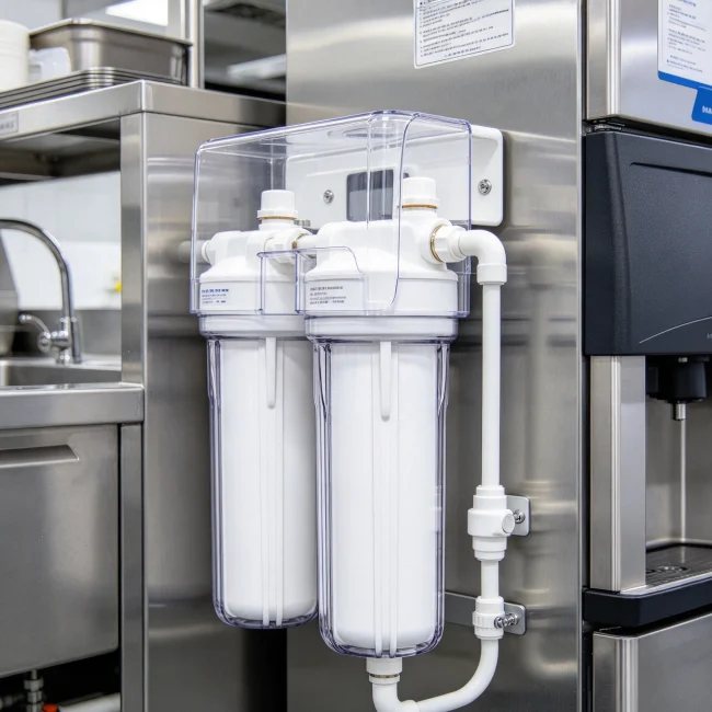 commercial water filter housing installed near an ice maker with tubing