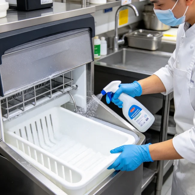 worker in blue gloves cleaning the inside of an ice machine bin with sanitizer spray